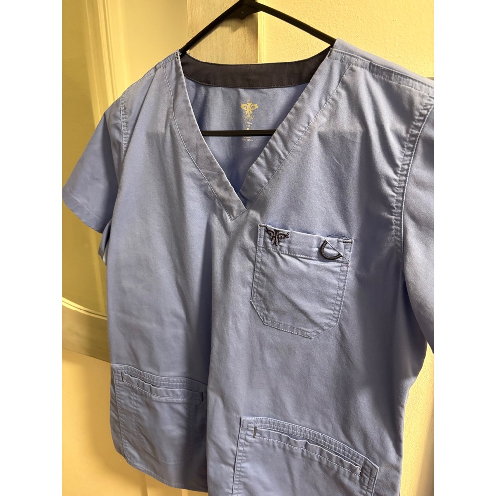 Med Couture Ez Flex Scrub Top Womens Medium Blue V-Neck 8454 Short Sleeve Pocket